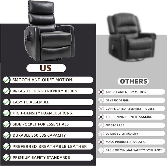 PELUMY 360° Swivel Rocker Recliner with Heat &amp Vibration Massage Glider Rocking Chair for Adults Compact Recliner for Living Room Small Spaces Nursery Bedroom (Breathable Leather Black)