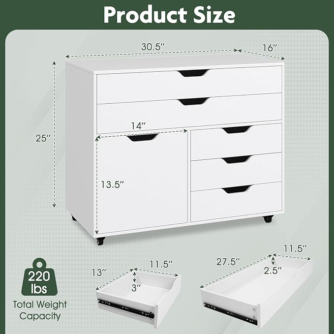 File Cabinet 5 Drawer Filing Cabinet with Door Mobile Storage Organizer Wooden Printer Stand on Wheels for Study Home Office Living Room White