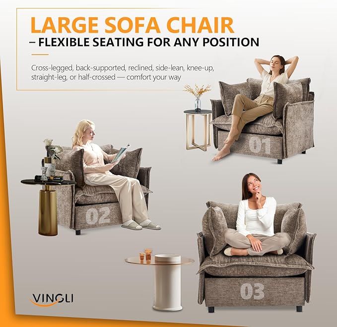 VINGLI 34 Oversized Accent Chairs Set of 2 Light Brown Reading Chair Upholstered Armchair Soft Chenille Fabric Living Room Chairs Sofa for Adults Bedroom Home Office Play Room