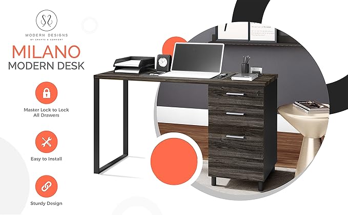 Modern Design Milano Office Computer Desk with 3 Locking Drawers 48 Inch Grey and Black Industrial Wood Desk with Filing Drawer and Storage by Crafts and Comfort