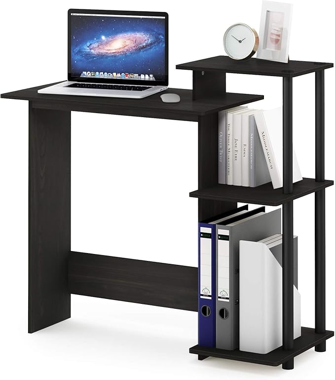 Furinno EFFICIENT Desk 28.6 Wide Gaming Desk with 3 Open Side Shelves Laptop Notebook Computer Desk Office Desk for Home Office Study Room Dorm Bedroom Dark Espresso