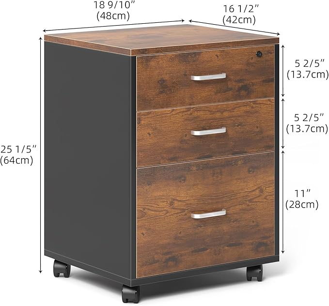 Need 3 Drawer Wood Mobile File Cabinet with LockRolling Filing Cabinet for Letter/A4 Size for Home OfficeRustic Brown ND-10CZLXFC04FG