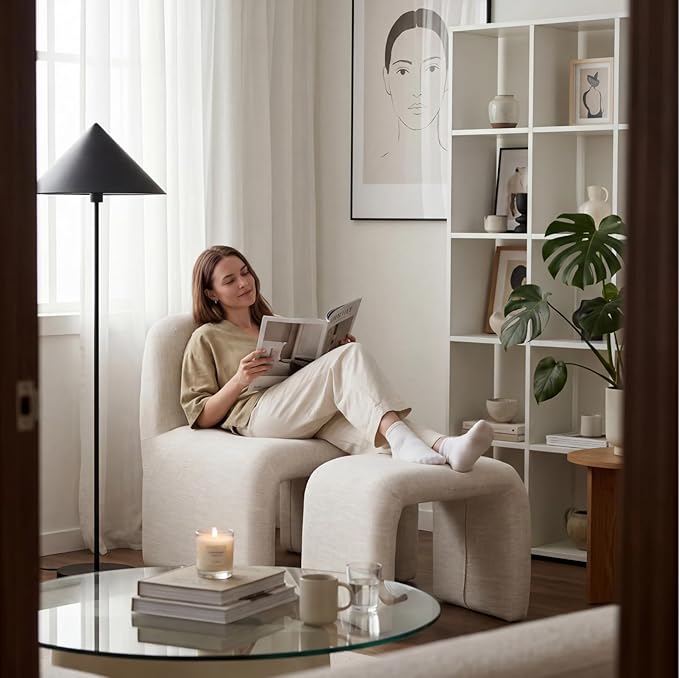 Modern Accent Living Room Chair with Ottoman Upholstered Mixed Linen Lounge Chair Comfy Side Reading Chair for Living Room Bedroom Apartment Office Beige