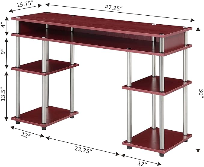 Convenience Concepts Designs2Go No Tools Desk Home Office Desk with Shelves Corner Shelf Vanity Desk Computer Desk Nail Table for Nail Tech - 47.25 L x 15.75 W x 30 H Dark Cranberry Red