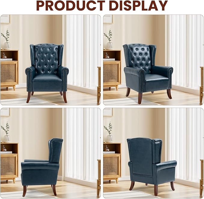 Faux Leather Accent Chair Mid-Century Armchair Upholstered Club Sofa Chair with Wooden Legs High Back Living Room Chair for Bedroom Office Lounge (Blue)