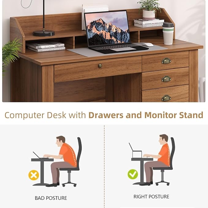 4 EVER WINNER Wooden Desk with Drawers Small Desk with Monitor Stand and File Drawe Writing Desk with Drawers for Bedroom Small Spaces Walnut
