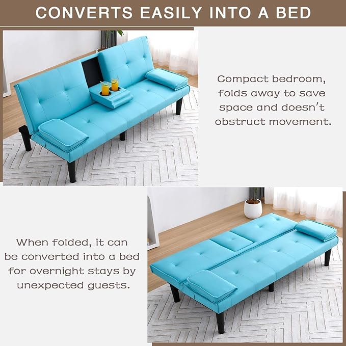 67 Futon Sofa BedConvertible Sofa Bed with 2 Cup HoldersSleeper Couch PVC Leather Removable Soft Armrest Small Couch for Living Room Apartments ﻿ (Blue)