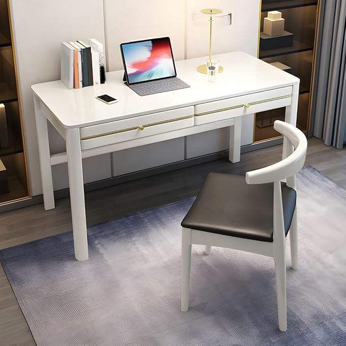 RUNNUP Modern Soild Wood Writing Desk with 2 Drawers 31.5 Home Office Desk Minimalist Computer Work Study Table Small Spaces White Without Chairs