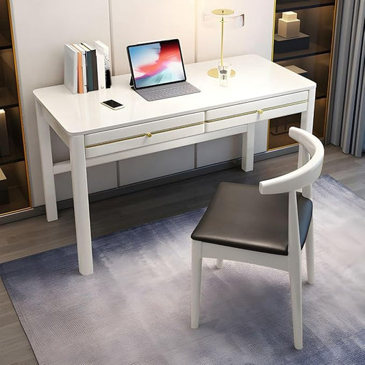 RUNNUP Modern Soild Wood Writing Desk with 2 Drawers 31.5 Home Office Desk Minimalist Computer Work Study Table Small Spaces White Without Chairs