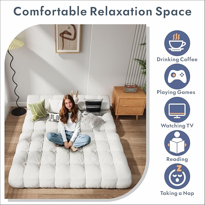 3-in-1 Convertible Sofa Bed 59.1 Folding Loveseat Sleeper Chair with Pillows Portable Fold Out Boneless Couch Lounge Comfy Velvet Floor Mattress for Living Room Bedroom - White Full