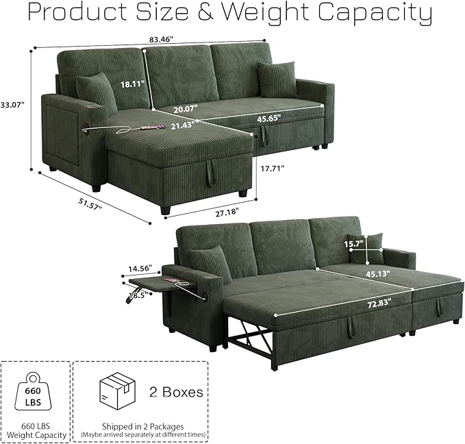 Rovibek 83 Convertible Sofa Bed Couch with Storage &amp USB Port – 4 in 1 L Shaped Sofa with Pull Out Couch Bed Side Table Cup Holder for Living Room Apartment Office Small Spaces Green