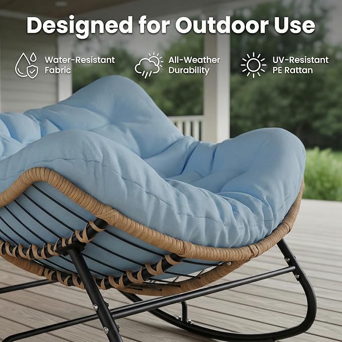 SWITTE Outdoor Rocking Chair Oversized Patio Papasan Rocker Comfy Wicker Reading Lounge Indoor Egg Chair for Bedroom Living Room Porch Garden Lawn-Light Blue