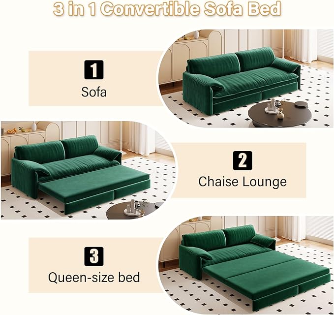 3 in 1 Convertible Queen Sleeper Sofa Bed Comfy Pull Out Futon Couch Bed 66 Modern Velvet Recliner Loveseat Sofa Multi-Functional Green Cloud Couch for Living RoomApartmentOffice (Green 66)