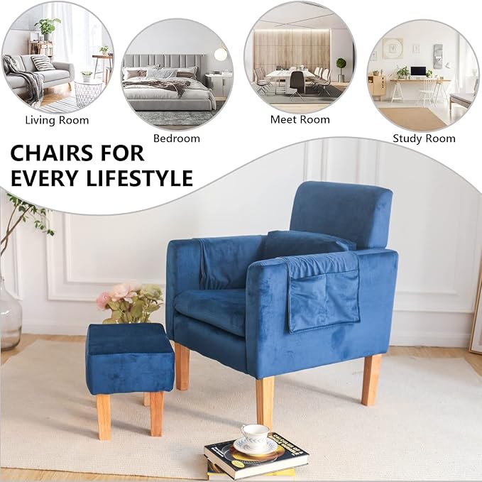 TAKUKA Modern Accent Chair with Ottoman SetComfy Velvet Fabric Armchair with Footrest Upholstered Chair with Side Pocket Soft Reading Lounge Chair for Living RoomBedroomOffice (Velvet Blue)