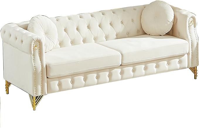 ERYE 82-Inch Button Tufted Sofa Couch with 2 Round Pillows 3 Seat Velvet Tufted Sofa Spacious Chesterfield Loveseat Couches W/Nailhead DecorRing Accent &amp Golden Legs