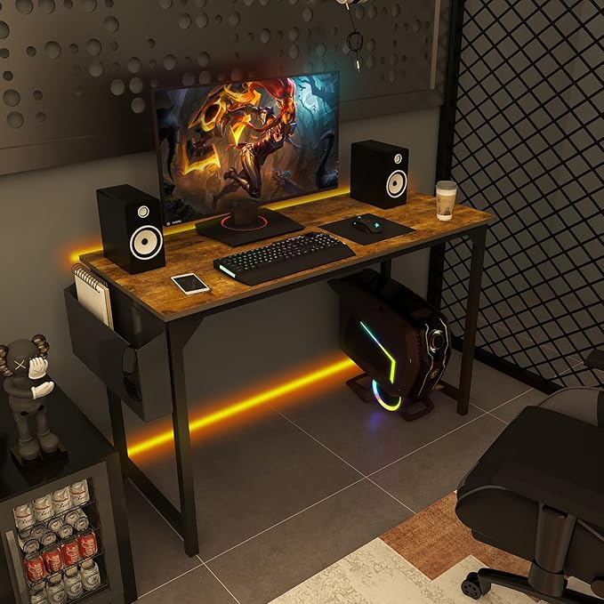 Sweetcrispy Computer Office Desk 63 Inch Student Study Writing Work with Headphone Hooks &amp Storage Bag Modern Simple PC Home Bedroom Table Rustic Brown