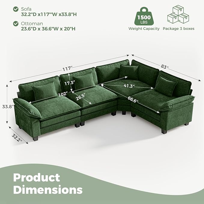 CDCASA 117 Oversized L-Shaped Modular Sectional Cloud Couch with Corner Comfy 4-Seat Sofa Chenille Deep Seat Modern Sofa Couch for Living Room Apartment DIY Combination Green
