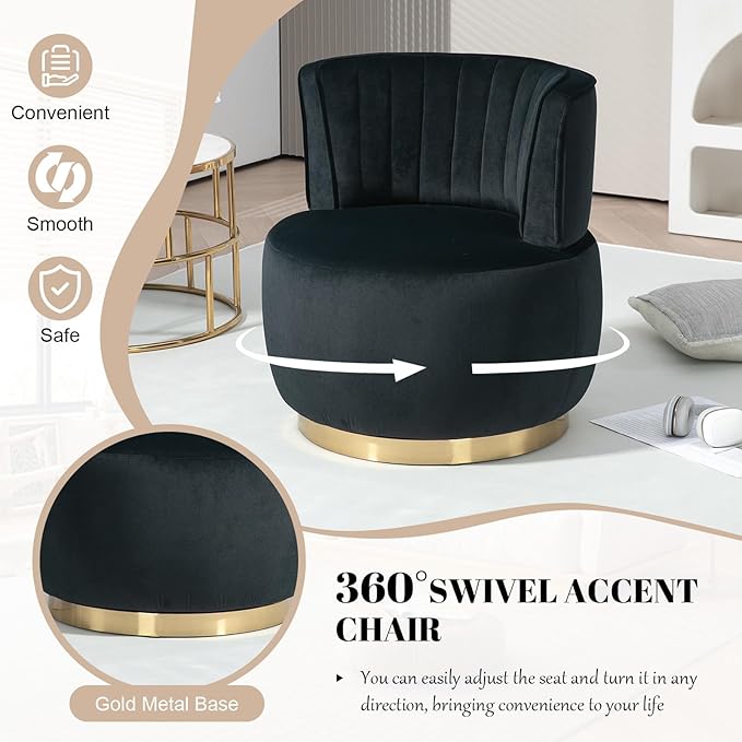 360 Degree Swivel Accent Chair Comfy Round Swivel Barrel Chair with Mental Base Upholstered Cozy Reading Armchairs Modern Lounge Sofa Chairs for Living Room Bedroom Club Office(Velvet Black)