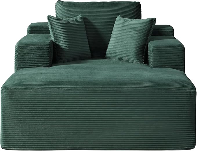Monroe Convertible Chaise Lounge Chair Indoor – Oversized Corduroy Couch with Wide Armrest &amp Throw Pillows Cozy Boneless Sleeper Sofa Bed Armchair Dark Green