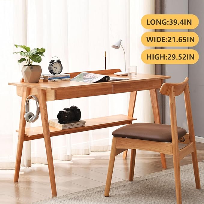 Solid Wood Desk Mid Century Modern Desks Home Office Desks with Drawers Small Desk for Bedroom