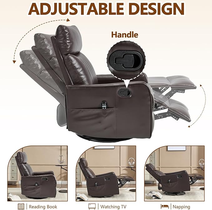 Slim Swivel Rocking Chair Recliner with PocketsLazy Boy Recliners for for AdultsSmall Recliner Chair for Small Spaces Manual Reclining Chair for Living Room Bedroom (Brown 2)
