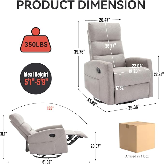 Swivel Rocker Recliner Chair for Adults Rocking Recliner Chair Rocker Nursery Glider ChairRecliners for Small Spaces Manual Recliner Single Sofa for Living Room Nursery (Khaki)
