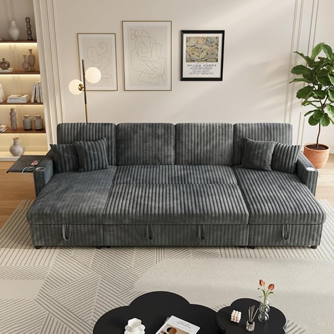 110 Sleeper Sectional Sofa Comfy U Shaped Couch with Pull Out Bed Convertible Corduroy Cloud Sofa with Double Storage Chaise USB Small Desktop Modular Couch for Living Room Dark Grey