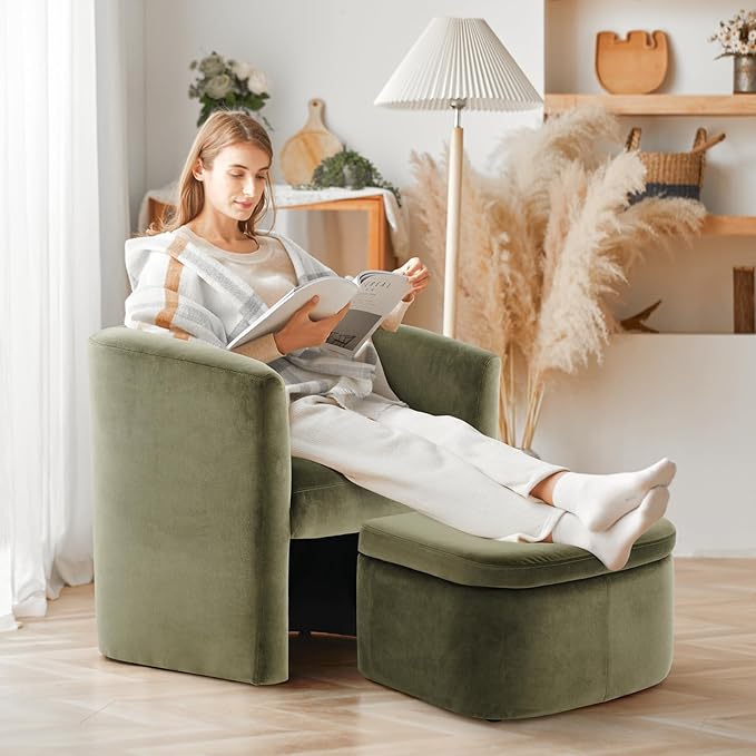 COLAMY Upholstered Velvet Barrel Accent Chair with Storage Ottoman Set of 2 Morden Living Room Side Chair Single Sofa Armchair with Lounge Seat for Bedroom/Office/Reading Spaces Green