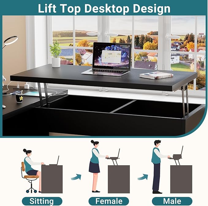 Unikito L Shaped Desk with Lift Top and Drawers Large Office Desk with Power Outlets and USB Charging Ports Sturdy Corner Computer Desk Writing Table with Storage L Shape Standing Desk Black
