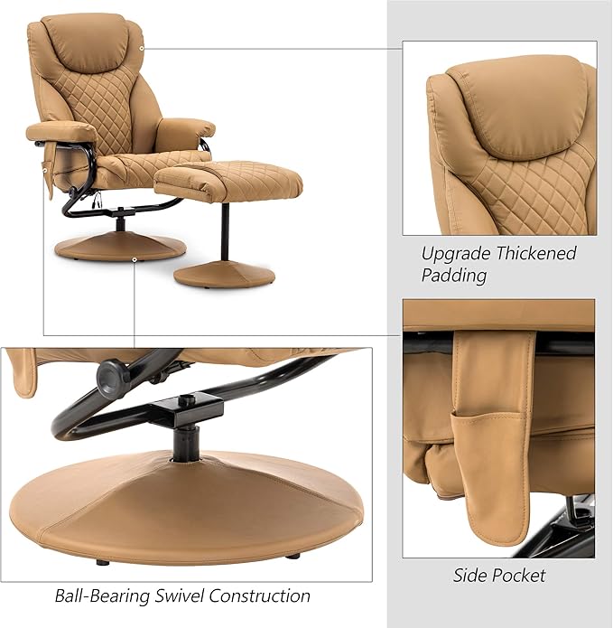 MCombo Recliner with Ottoman Reclining Chair with Massage 360 Swivel Living Room Chair Faux Leather 4901 (Cognac)