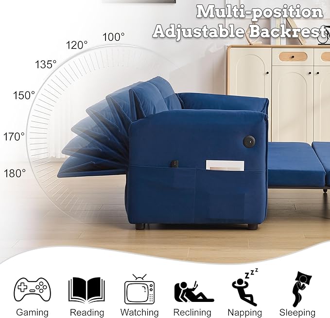 63 Velvet Pull Out Sofa Bed 3-in-1 Convertible Futon Loveseat Queen Sleeper Sofa Couch Bed with Adjustable Backrest USB Ports &amp Side Pockets Modern Sofas for Living Room Apartment Blue
