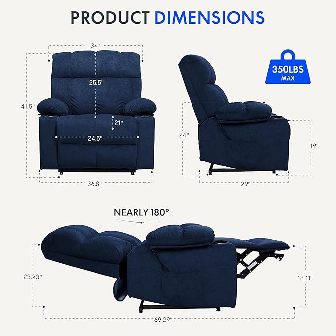 FLEXISPOT XL5 Dual OKIN Motor Power Lift Recliner Chair for Elderly Lay Flat Electric Recliner with Massage &amp Heat USB Ports Fabric Reclining Sofa for Living Room Bedroom Blue