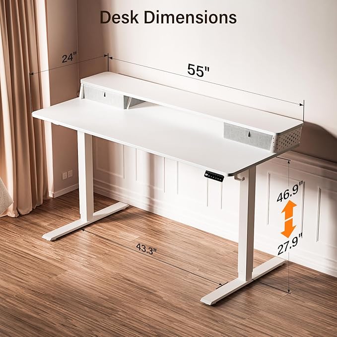 Kingant 55 x 24 Inch Electric Standing Desk with Dual Drawers Height Adjustable Sit to Stand Computer Desk with Storage Shelf and C-Clamp Mount Compatibility for Home Office White
