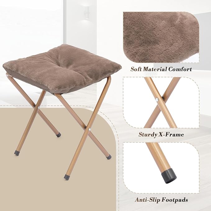 Athena Collection Comfy Saucer Chair and Ottoman Set for Adult Comfortable Faux Fur Square Oversize Folding Reading Chair with Metal Leg Lazy and Cozy for Bedroom Living Room Beige