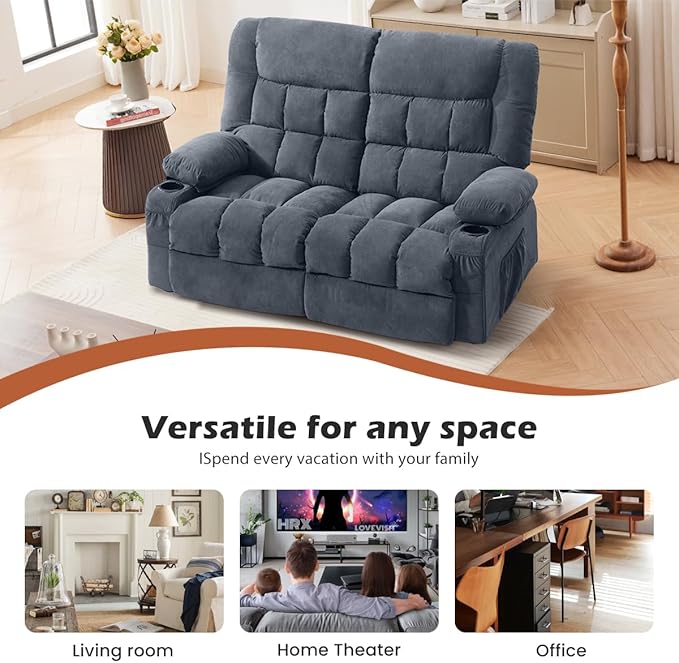 Recliner Loveseat with Cup Holders for Living Room Love Seat Manual Oversized Recliner with Ergonomic Side Pocket for Adult