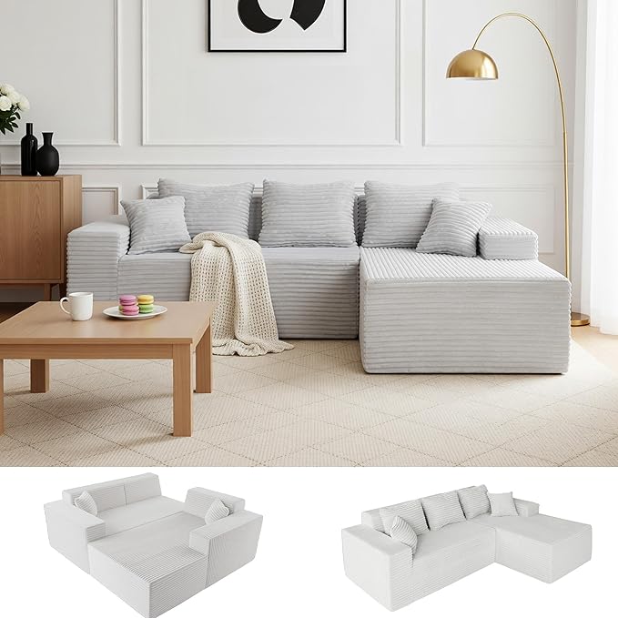 Claiks 95 Boneless Couch Cloud Couch Sectional L-Shape Corduroy Modular Sectional Sofa Deep Seat Upholstered Couches for Living Room No Assembly Required Light Gray Right Facing Chaise