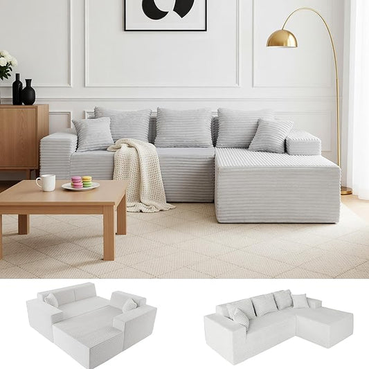Claiks 95 Boneless Couch Cloud Couch Sectional L-Shape Corduroy Modular Sectional Sofa Deep Seat Upholstered Couches for Living Room No Assembly Required Light Gray Right Facing Chaise