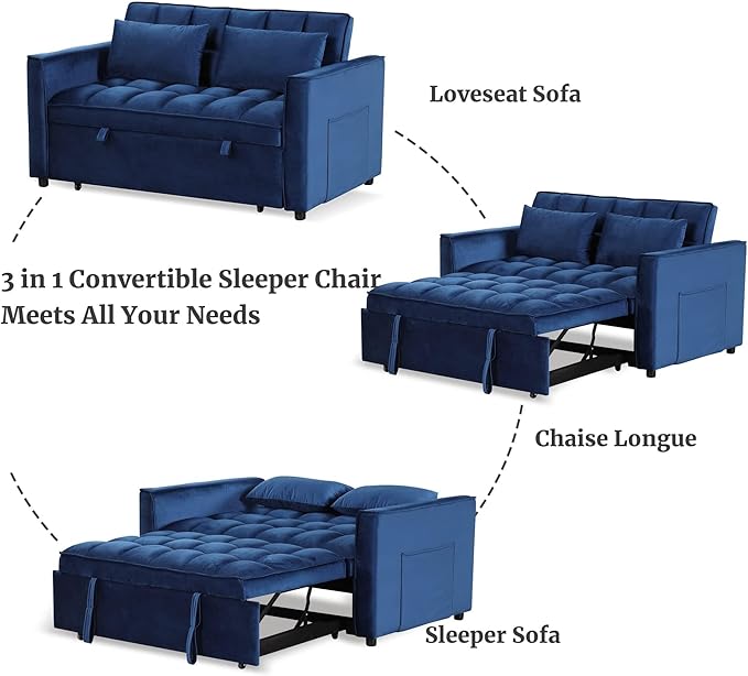 EBELLO 3 in 1 Convertible Sleeper Sofa Bed Modern Velvet Loveseat Couch Pullout Bed for Living Room Small Love Seat Lounge Sofa with Reclining Backrest Pillows and Side Storage Pocket Blue