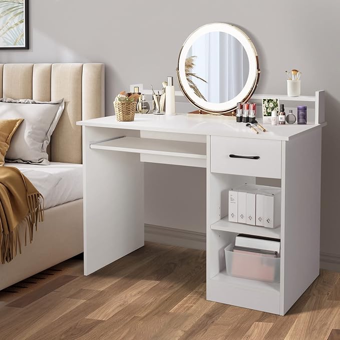 IFANNY Wooden Computer Desk White Home Office Desk w/Drawers Keyboard Tray Open Shelves &amp Monitor Stand Modern Writing Desk Compact Computer Desk for Small Spaces (White)