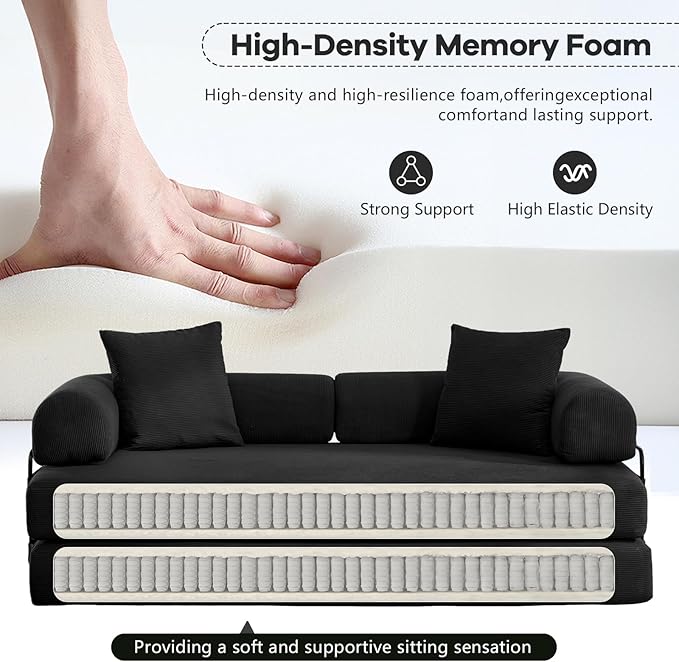 Convertible Folding Sofa Bed Modular Floor Sofa with Removable Backrest Corduroy Folding Mattress Couch with Fixed-Shape Frame for Living Room Bedroom Lounge (Black)