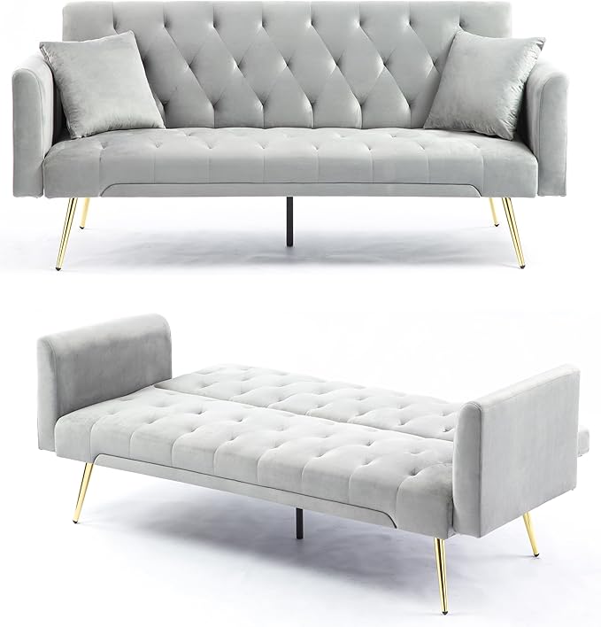 Anwick Modern Velvet Sofa Bed Futon with 2 Pillows2-in 1 Convertible Sleeper Couch BedFolding Recliner Loveseat with Golden Metal Legs for Living Room Apartment Office (Grey)