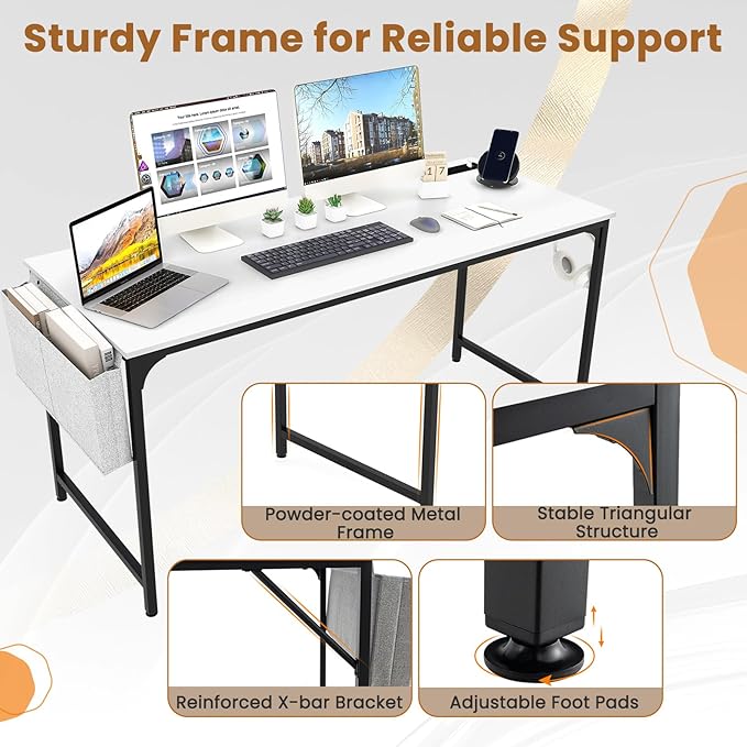 Giantex 60 Inch Computer Desk with Charging Station Home Office Writing Desk with Storage Bag &amp Headphone Hook Large Gaming Table PC Workstation Modern Simple Laptop Desk for Bedroom Study
