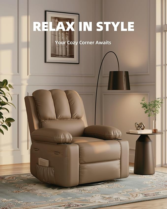 22 in Leather Recliner Chair for Adults Overstuffed Manual Recliner Chair Single Sofa with Cup Holder and Side Pockets Upholstered Chair for Living Rooms Tan