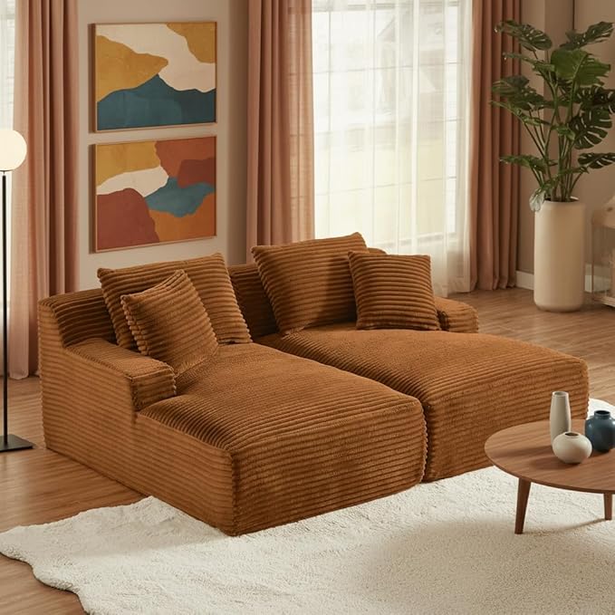 79 Double Chaise Lounge Chair Indoor: Oversized Comfy Corduroy Upholstered Boneless Couch with 4 Pillows for Living Room Bedroom and Apartment Deep Seat Sleeper Sofa 2-Seat Brown