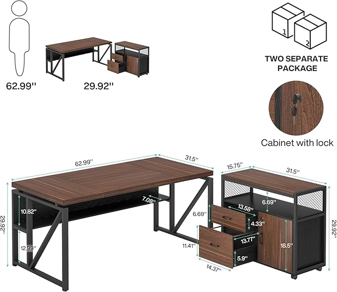 Tribesigns L-Shaped Desk with Drawers 63 Executive Office Desk with Mobile File Cabinet and Storage Shelves Home Office Business Furniture Set (Dark Brown and Black)