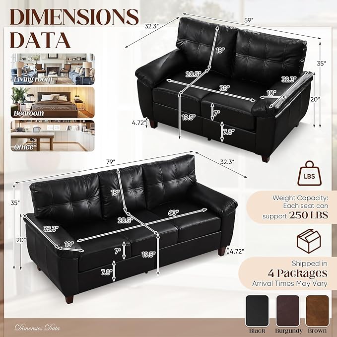 Faux Leather Sofa Couch and Loveseat Sets with Hidden Storage &amp Tufted Backrest Mid Century Modern Couch Deep Seat Comfy Chesterfield Sofa for Living Room Office(Loveseat + 3 Seater Sofa Black