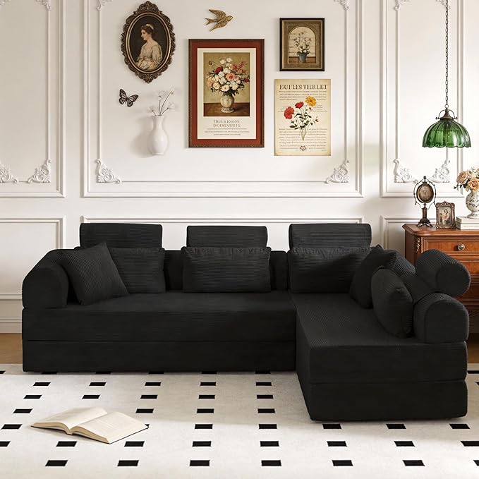 KEIKI 106 4Seat Modular Sectional Corduroy Sofa Couch for Urban Loft Bedroom Studio Family Friendly Urban Professionals Luxurious Elegant Sophisticated Refined Design Quality Design Black