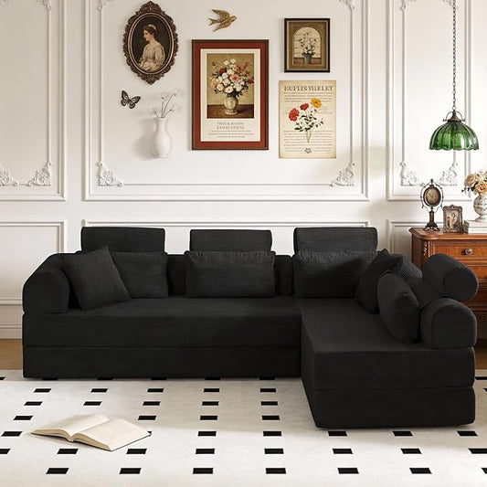 KEIKI 106 4Seat Modular Sectional Corduroy Sofa Couch for Urban Loft Bedroom Studio Family Friendly Urban Professionals Luxurious Elegant Sophisticated Refined Design Quality Design Black