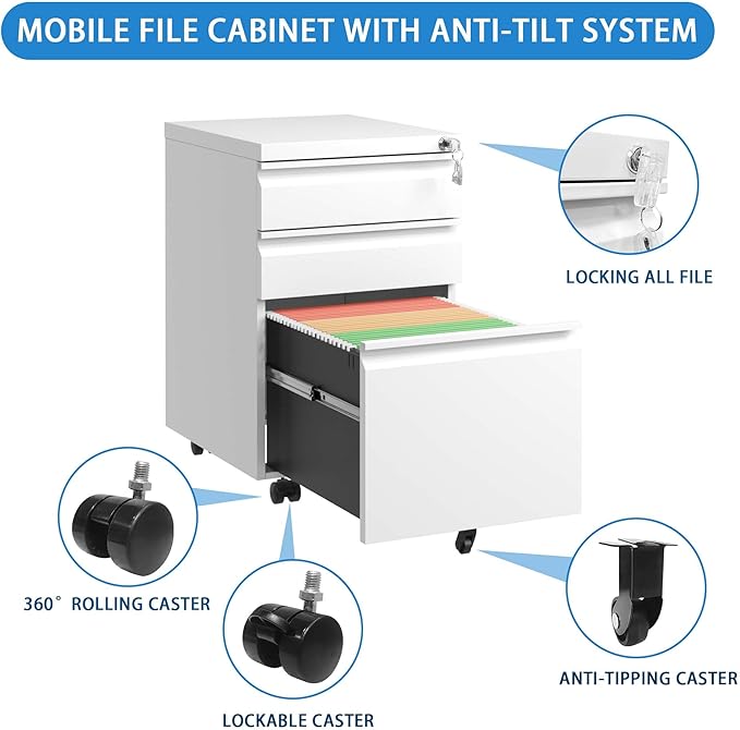 White 3 Drawer Mobile File Cabinet with Lock Under Desk Storage Metal Filing Cabinets for Home Office Organizer Letters/Legal/A4 Fully Assembled (White)