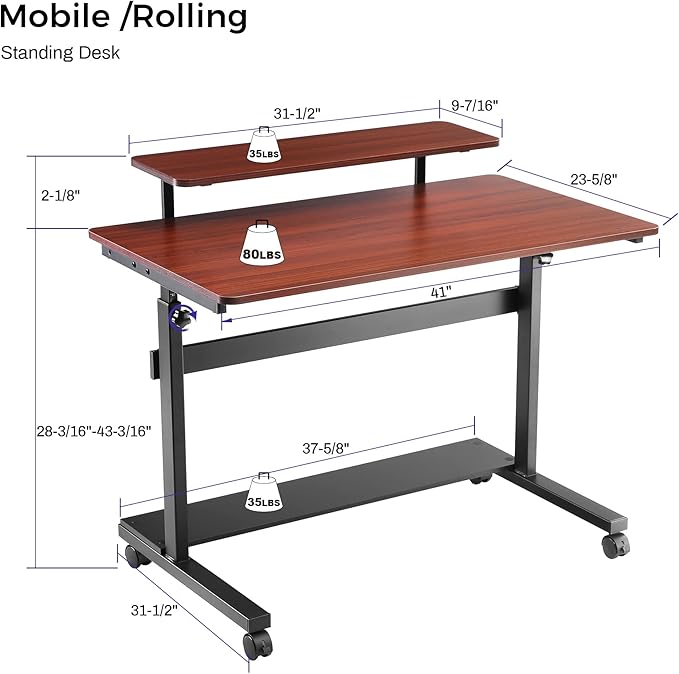 It's_Organized Height Adjustable Portable Computer Desk41''Rolling Laptop Desk Mobile Standing Desk with Monitor Shelf &amp HutchTeak
